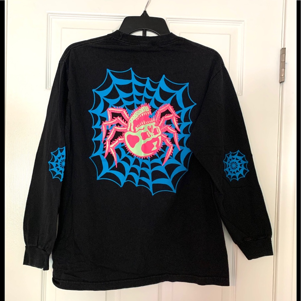 Black Long Sleeve Graphic T-Shirt with Blue Spider Web